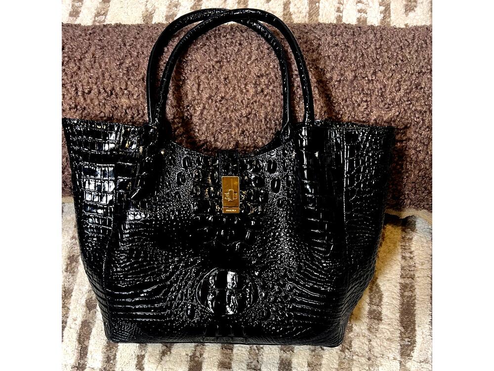 Brahmin Mallory Black Melborne Satchel With Gold Clasp Zipper Pocket EUC